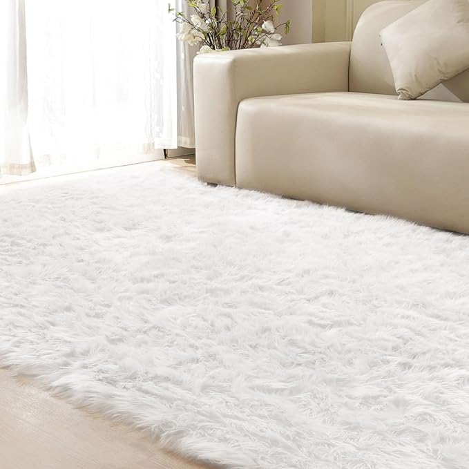 White Fluffy 5x7 Washable Area Rugs for Bedroom Faux Fuzzy Sheepskin Fur Rug for Living Room Nursery Rug