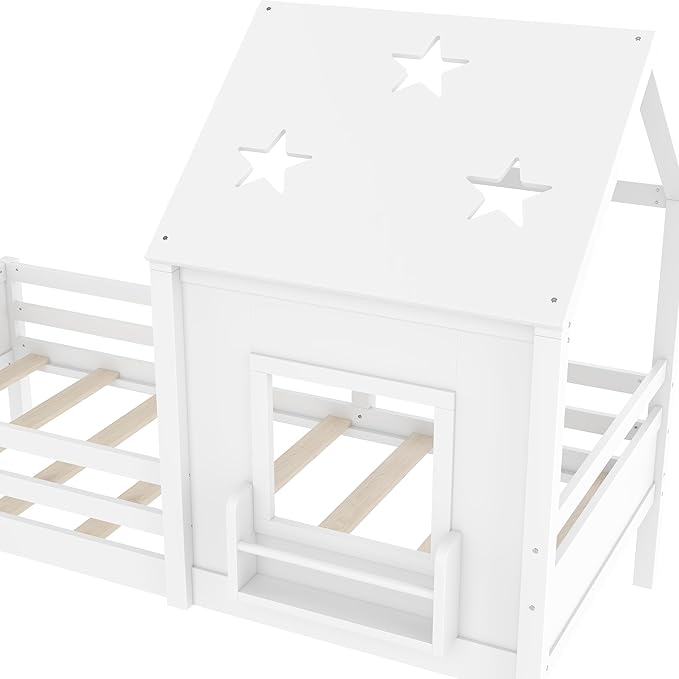Bellemave Twin House Bed with Rails or guardrails and Bookcase, Wooden Twin House Shape Platform Bed for Boys, Girls, Teens, White