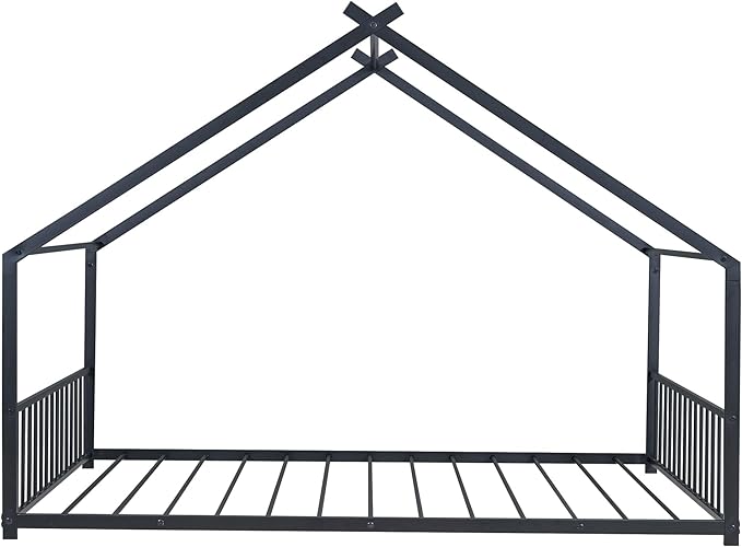 Full Size House Shaped Montessori Platform Beds, Wood Floor Bed Frame with Roof and Fence Deisgn, Kids Double Toddler Bed for Children Boys Girls, Easy Assemble, No Box Spring Needed, Black