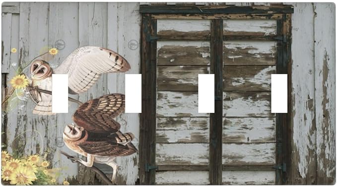 Vintage Brown Blue Old Wooden Door Quad Toggle Wall Plate Covers Decorative 4-Gang Wall Plates Antique Barn Door with Owls Sunflower Electrical Switchplate for Bathroom Bedroom Kitchen Decor