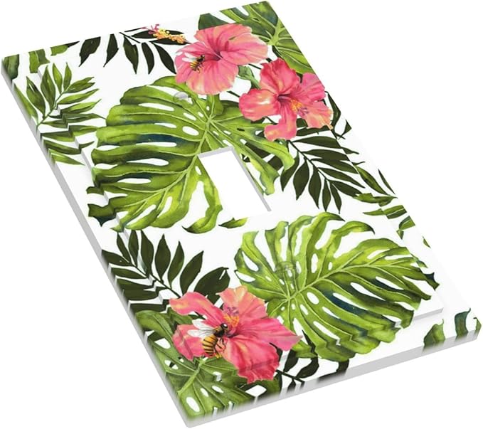 Tropical Plant Green Palm Single Toggle Wall Plate Covers 1 Gang Light Switch Cover Banana Leaves Pink Flower Rainfores Jungle Botanical Faceplate Decorative Electrical for Bathroom Kitchen Home Decor