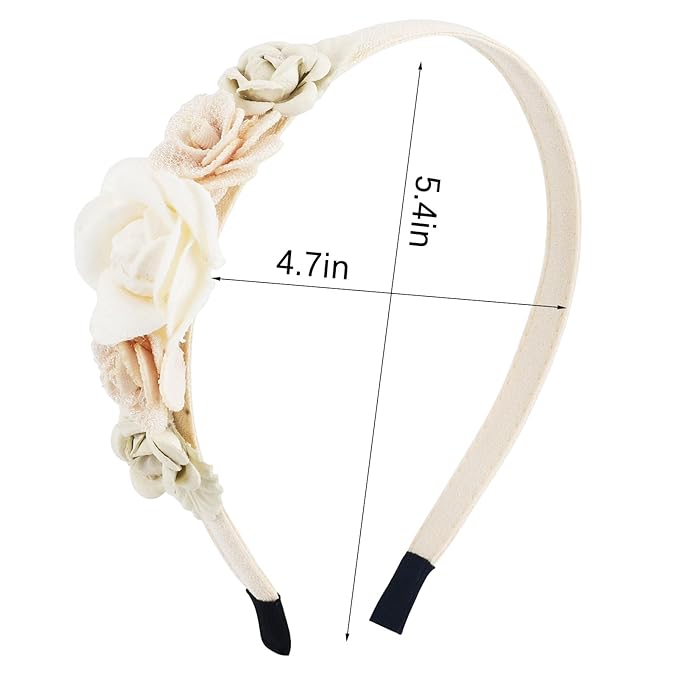 Flower Headbands for Girls Kids Toddlers Rose Floral Headpiece Non Slip Elegant Wedding Flower Crown Hairband Spring Summer Fashion Cloth Headdress Accessories for Birthday Party (Beige)