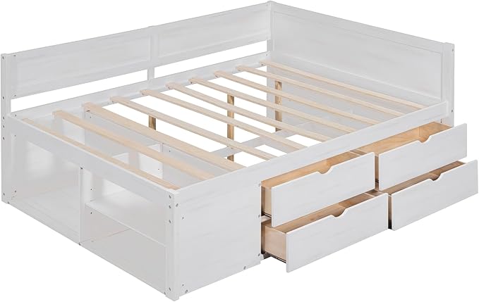 Full Size Daybed with 4 Storage Drawers and Shelves, Wooden Full Platform Bed Frame with L-Shaped Headboard and Slats Support, Corner Bed Full Captain Beds for Kids Boys Girls Teens, White