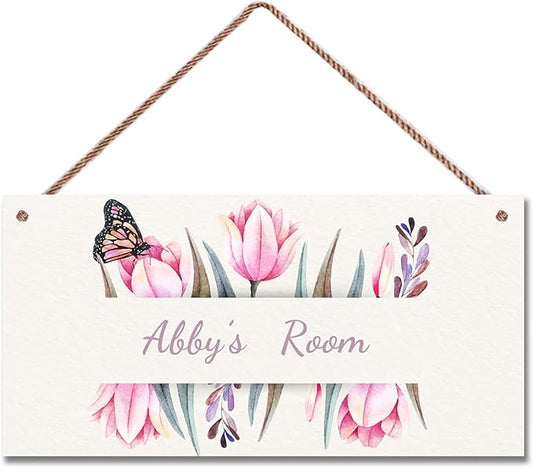 Personalized Sign Fantasy Butterfly Themed For Kids Room Nursery Door Decor,Custom Name Flowers Wall Art Decor Decorative Plate for Boys Bedroom Girls Room