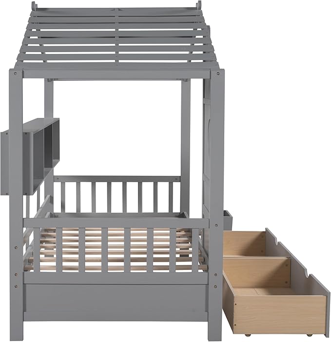 Harper & Bright Designs Twin Size Modern House Bed with Roof, Wooden Twin Size House Bed with 2 Drawers and Storage Shelf, Gray
