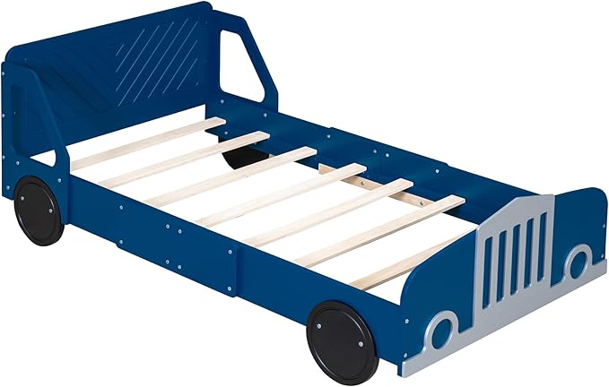 Twin Size Car-Shaped Platform Bed Frame for Boys Girls Kids Adults Toddler with Wheels,Blue