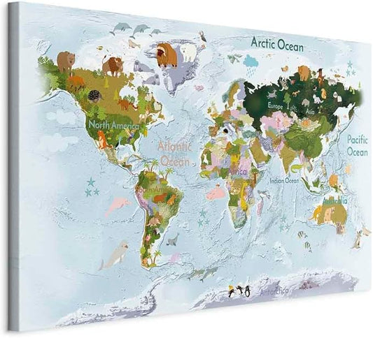 artgeist Canvas Wall Art World Map for Children 35x24 in - 1pcs Home Decor Framed Stretched Picture Photo Painting Artwork Image - Animals Continents World Map k-A-0508-b-a