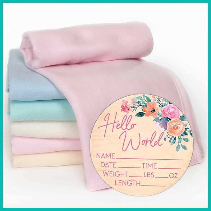 Hello World Newborn Sign - Baby Name Birth Announcement Plaque for Hospital - Photo Prop - Floral Pink Nursery Decor - Shower Gift