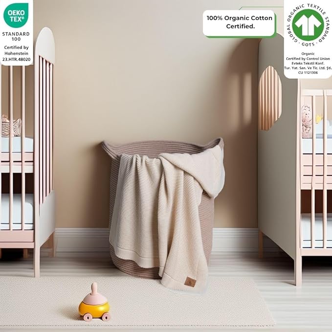100% Organic Cotton Baby Knitted Blanket with Gift Box - Soft Toddler, Crib, Stroller Blanket - Neutral Swaddle and Receiving Blanket for Newborns, 30"x40", Beige