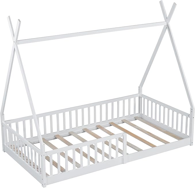 Merax Twin Size House Platform Frames Bed Floor Bed with Fence for Boys or Girls, No Box Spring Needed(Slats Kit Included), White