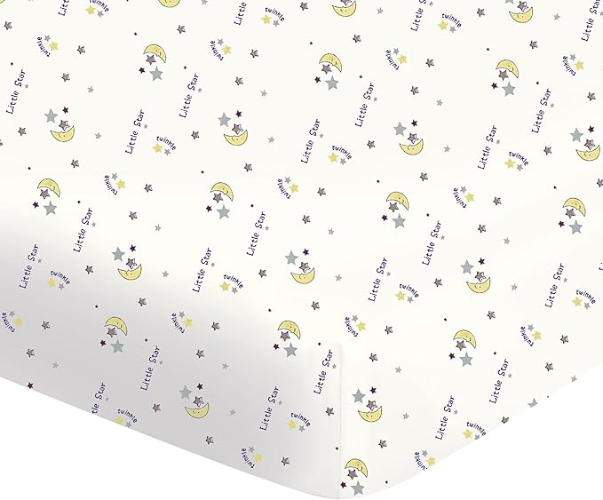 Frenchie Mini Couture Fitted Crib Sheet 100% Woven Cotton Fits Toddler Mattress, 28 x 52 x8in, Twinkle Little Star