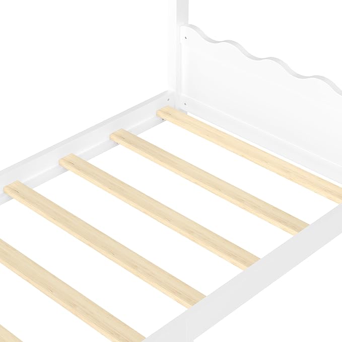 Twin Size Wooden House Floor Bed - Kids Bed Frame with Roof & Support Slats for Bedroom, No Box Spring Needed, Easy Assembly (White)