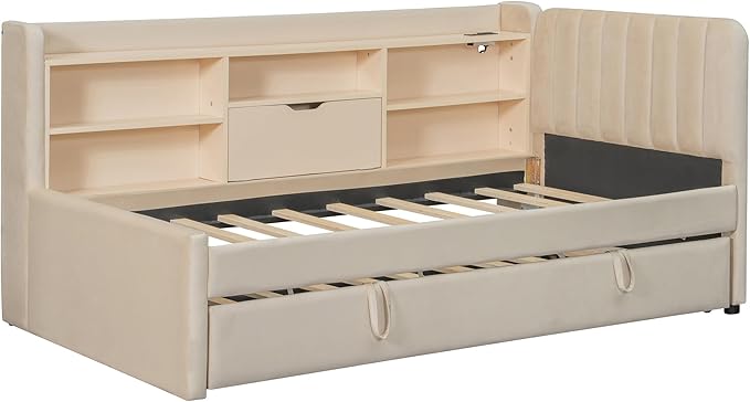 Twin Size Daybed with Trundle and Storage L-Shaped Bookshelf Headboard, Velvet Upholstered Soft Corner Bed with Charging Station and Shelves for Kids Boys Girls, Beige
