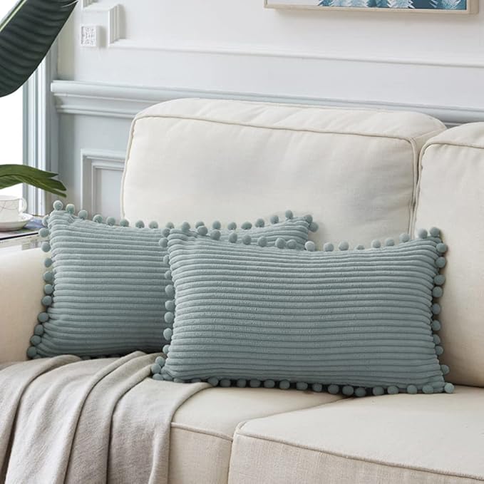 Fancy Homi Pack of 2 Farmhouse Lumbar Decorative Throw Pillow Covers with Pom-poms, Soft Corduroy Solid Rectangle Cushion Cases Set for Couch Sofa Bedroom Living Room (14x24 Inch/35x60 cm, Grey Blue)
