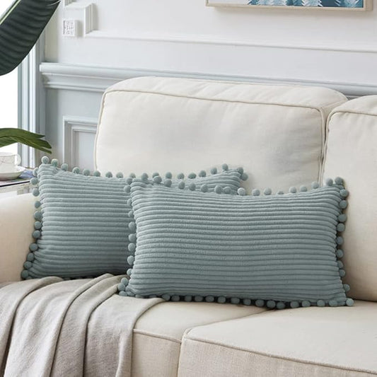 Fancy Homi Pack of 2 Farmhouse Lumbar Decorative Throw Pillow Covers with Pom-poms, Soft Corduroy Solid Rectangle Cushion Cases Set for Couch Sofa Bedroom Living Room (14x24 Inch/35x60 cm, Grey Blue)