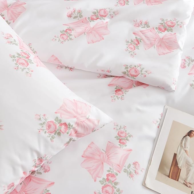 Pink Bow Duvet Cover Queen 3Pcs Pink Floral Bedding Set for Girls Kids,Cute Princess Style Bowknot Bedding,Ultra Soft Garden Flower Bedding with 2 Pillowcases(No Comforter)