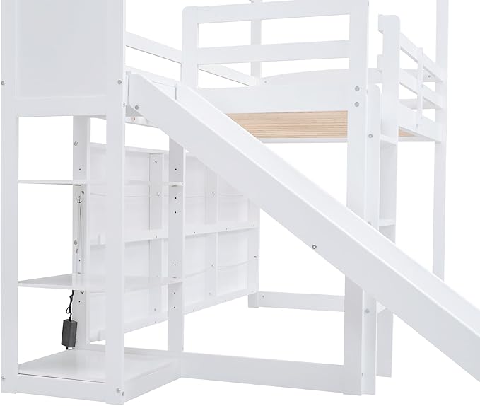 Playful Twin Size Wood House Loft Bed with Slide and Climbing Ramp, Multiple-Function Low Loft Bed Frame with Storage Shelves and Light for Kids Teens Boys Girls Bedroom (White-C)