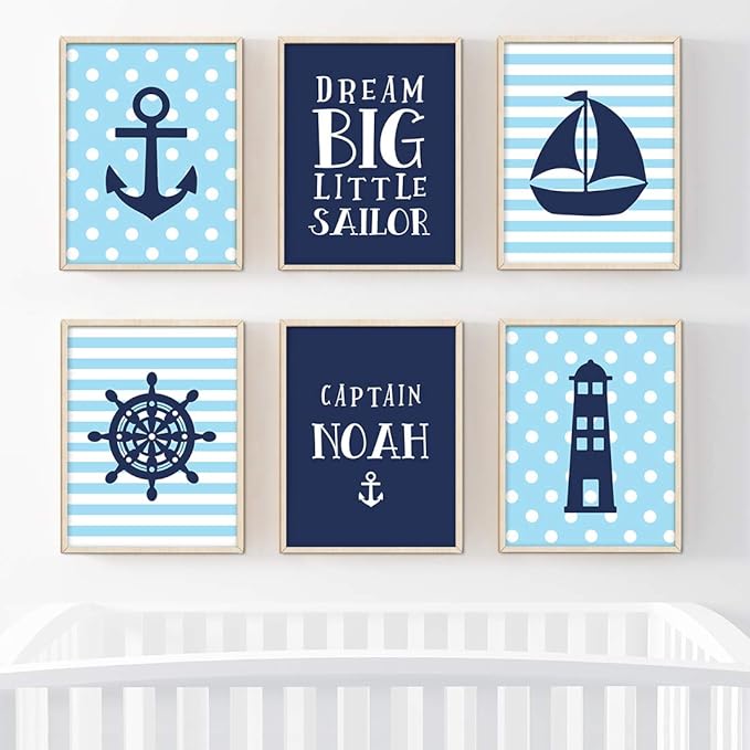 Andaz Press Personalized Ocean Nautical Sailor Theme Nursery Kids Bedroom Hanging Wall Art Decor, 8.5x11-inch, Baby Blue Stripes Dots, 6-Pack, Custom Unframed Room Poster