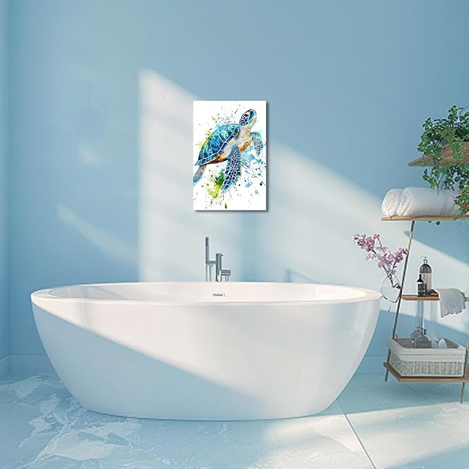 AWPANERAR Sea Turtle Wall Art Bathroom Pictures Watercolor Sea Life Canvas Prints Ocean Animal Poster Nautical Theme Artwork for Kids Room Nursery Decor Framed (White, (30L x 20W))