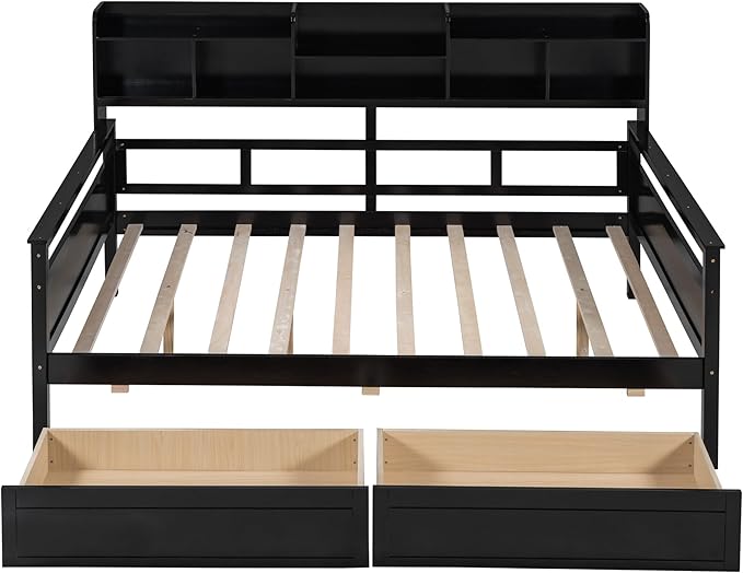 Harper & Bright Designs Full Daybed with Storage, Wooden Full Size Bed Frame with Bookcase Headboard and 2 Drawers, Full Sofa Bed with Shelves for Living Room Bedroom, No Box Spring Need, Espresso