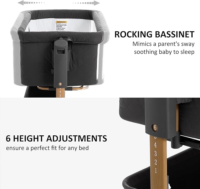 3 in 1 Baby Bassinet, Rocking Bassinet, Bedside Bassinet, 6-Height Adjustable, Bassinet Bedside Sleeper for Baby with Comfy Mattress, Breathable Mesh, Large Storage Basket