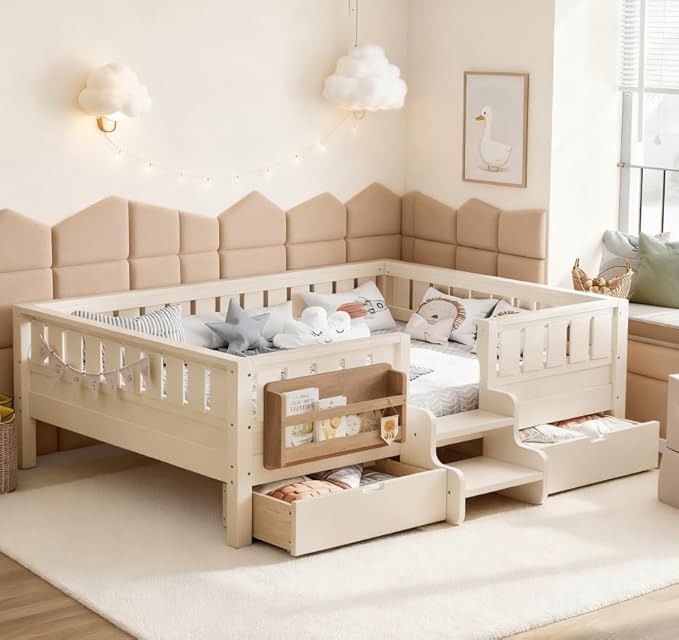 Bellemave Full Size Kids Bed with high Rails and with Built-in Bookshelf and Drawers for Kids, Girls, Boys, Wood Montessori Bed Without Door, Beige