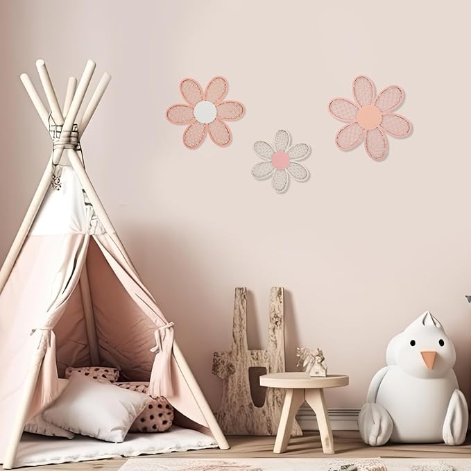 Maitys 3 Pieces Boho Daisy Wall Decor Natural Rattan Flower Wall Hanging Art Wooden Boho Art Nursery Flowers Farmhouse Hanging Decor for Home Office Nursery(Rustic Color)