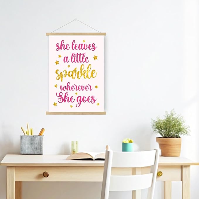 Qswo Inspirational Quotes Wall Decor for Women,She Leaves A Little Sparkle Wherever She Goes Wall Art Poster Hanger Frame,Motivational Hanging Canvas Wall Decor for Girl Room Dorm Home Office