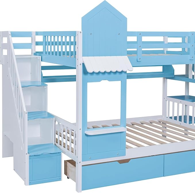 MERITLINE Full Over Full Castle Bunk Bed with Slide,Stairs and Drawers,Solid Wood Floor House Princess Bunk Bed with Storage Shelves (Blue,Full Over Full)