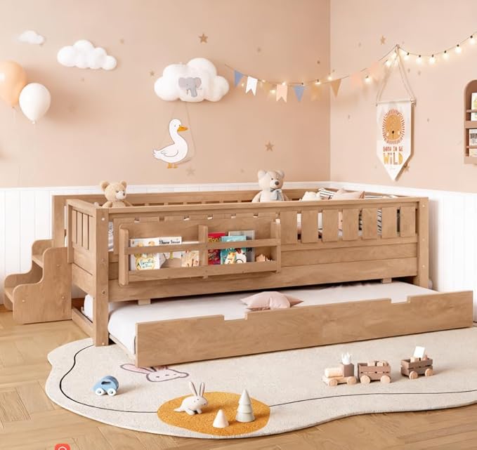 Bellemave Twin Size Kids Bed with high Rails and with Built-in Bookshelf and Trundle for Kids, Girls, Boys, Wood Montessori Bed Without Door, Natural