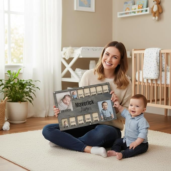 Newborn picture frame - 12 months photo display - Personalized frame - Gift for new mom - Baby photo album- Baby portrait (Newborn 3.0)
