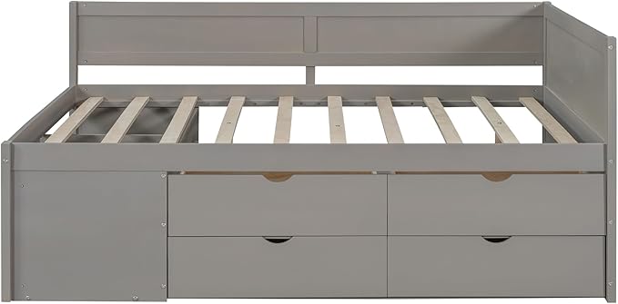 Full Size Daybed with 4 Storage Drawers and Shelves, Wooden Full Platform Bed Frame with L-Shaped Headboard and Slats Support, Corner Bed Full Captain Beds for Kids Boys Girls Teens, Gray
