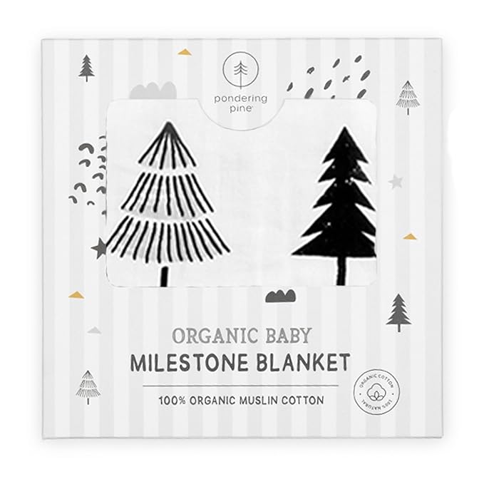 Pondering Pine Organic Baby Monthly Milestone Blanket Boy - Baby Bear Blanket with Month Marker Frame and Newborn Announcement Disc - 1-12 Months Milestones, Woodland, 47”x47”