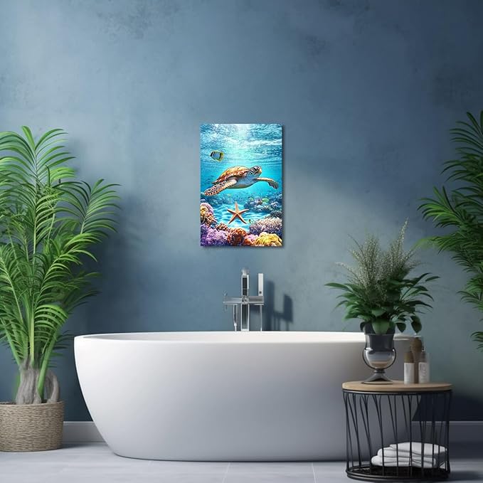 AWPANERAR Sea Turtle Wall Art Bathroom Pictures Watercolor Sea Life Canvas Prints Ocean Animal Poster Nautical Theme Artwork for Kids Room Nursery Decor Framed (Green, (36L x 24W))