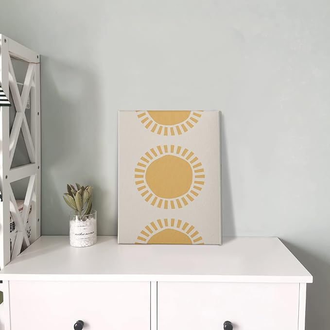PHAMTE Boho Yellow Sun Sunshine Wall Art, Minimalist Sun Sunset Sunrise Sunshine Nursery Print Framed Canvas Painting Artwork Home Bathroom Girls Room Kitchen Office Decor（11x14 Inch）