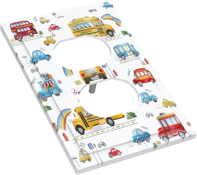 Kids Bus Taxi Truck 1 Gang Single Duplex Light Switch Plate Outlet Cover Decorative Wall Plate Switchplate Electrical Faceplate for Nursery Kidsroom Bedroom Decor