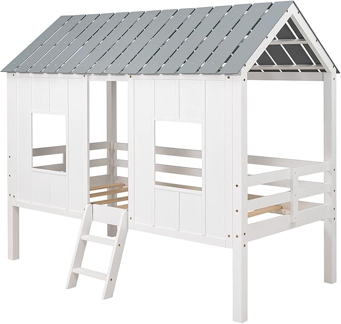 Merax Twin Size Wooden House Bed, Low Loft Bed Frames with Two Front Windows and Roof for Girls and Boys, White(Grey Roof)