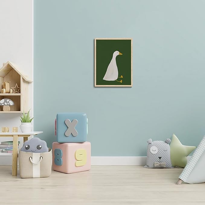 KISSFOX Framed Wall Art Nursery Wall Decor Silly Goose Pictures Kids Cute Animal Canvas Art Green Minimalist Paintings Artwork For Children Boys Girls Room