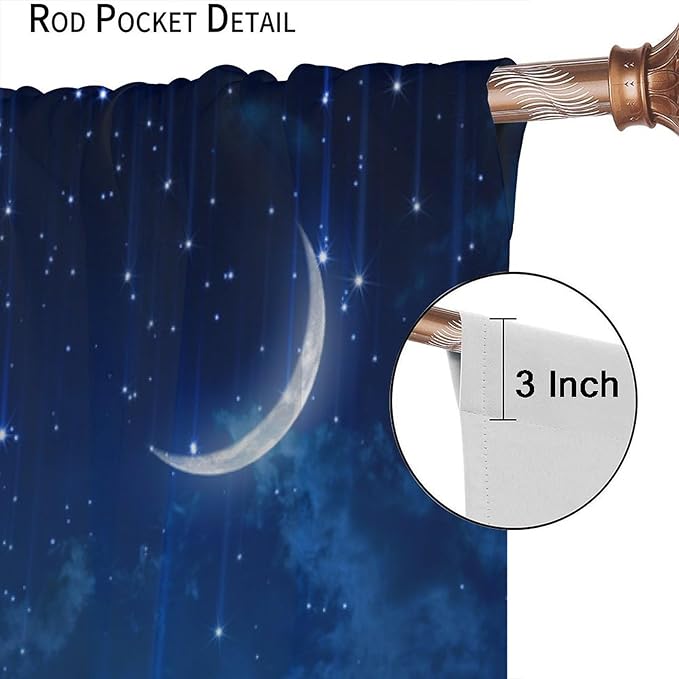 Star Night Sky Blackout Curtains, Moon Foggy Clouds Landscape Theme Print Window Drapes for Kids Girls Bedroom Living Room 72" W X 63" L
