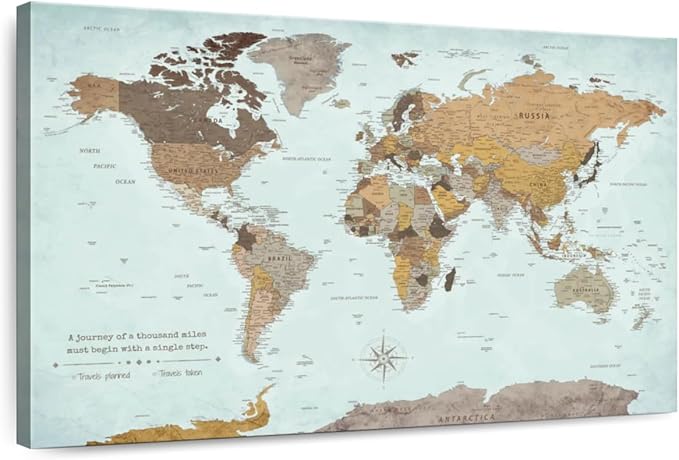 ElephantStock - A Thousand Miles World Push Pin Map Wall Art - Horizontal Canvas Wall Art - Living Room Wall Decor - Printmaking Map Canvas Art - Blue And Brown Decor - 39" x 26"