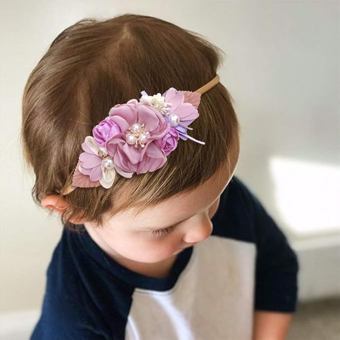 Baby Girl Floral Headbands- 3pcs Nylon Headband Handmade Flower Crown Elastic Hairband Newborn Toddler Hair Accessories Gifts for Girls （1-6 years old）