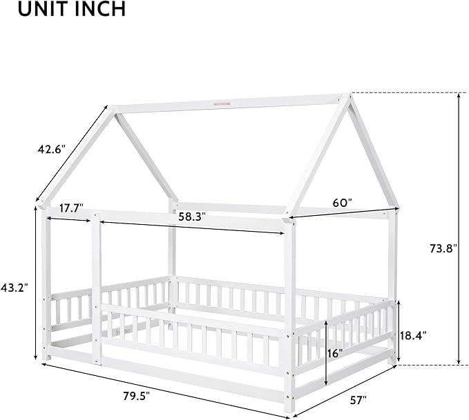 Bellemave Full Size House Floor Bed,Wooden Montessori Bed with Fence and Roof for Kids,Playhouse Full Bed Frame for Girls,Boys(Full,White)