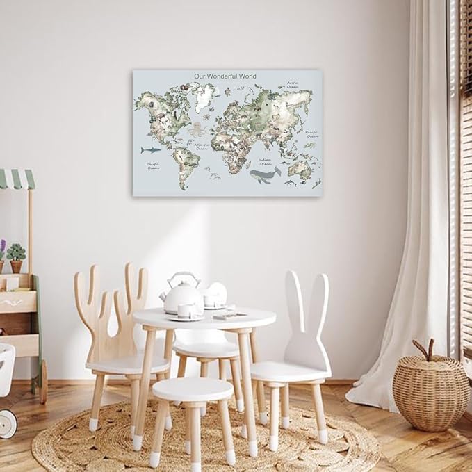 Educational Posters for Toddlers 1-3, Toddler Learning Poster for Kids Ages 3-5, World Map Canvas Print Nursery Preschool Homeschool Kindergarten Classroom Decor 12x18 Inch Framed B