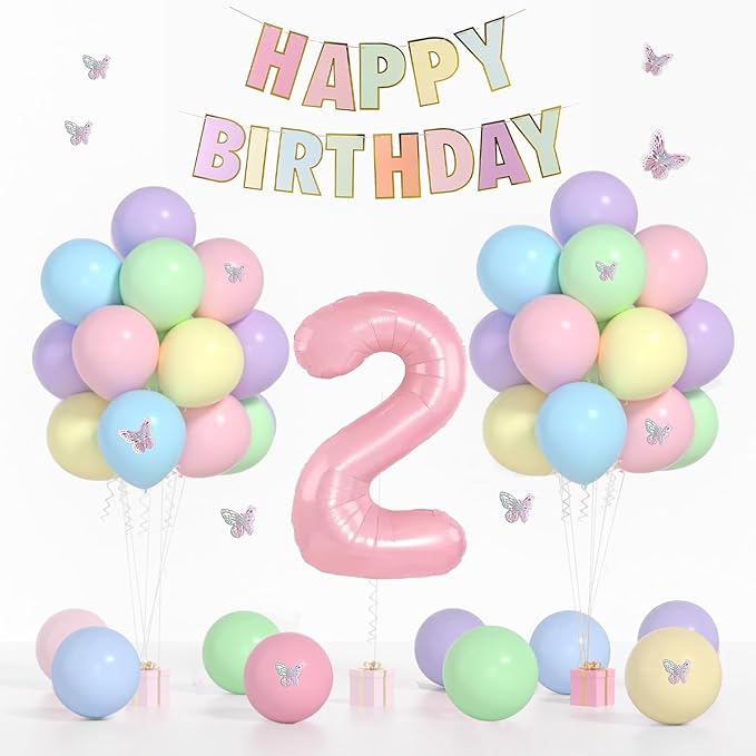 Pastel 2nd Birthday Decorations for Girl -12 inch Pastel Balloons, 40 Inch Pink 2 Balloon,3D Butterflies Stickers, Happy Birthday Banner for Baby Girl 2 Year Old BD Party Decorations
