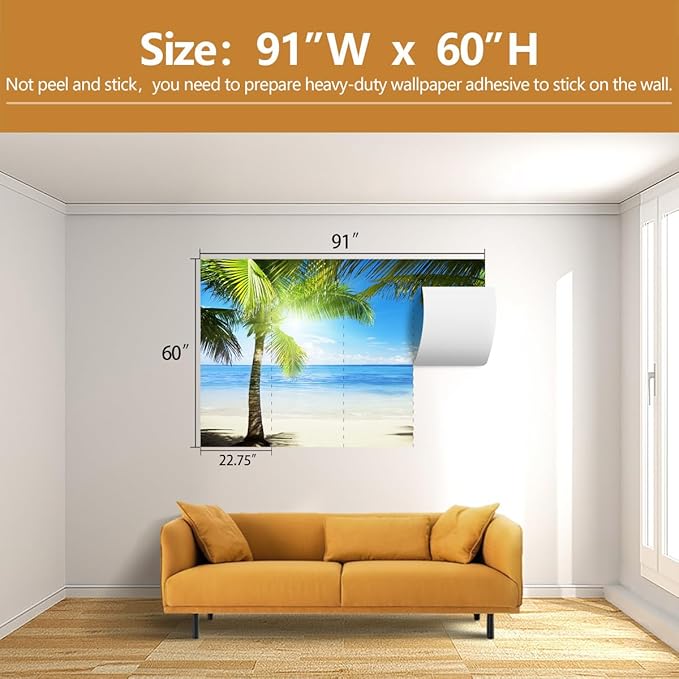 Coastal Wallpaper Tropical Palm Tree Beach Landscape Wall Mural for Living Room Bedroom（Not Peel and Stick）