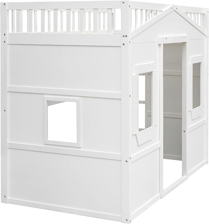 Twin Size Loft Bed with Safety Guardrail for Kids Boys Girls, Playhouse Design Solid Wood Loft Bed Frame with Ladder and Windows, Strong Wood Slats Support, Space-Saving (White)