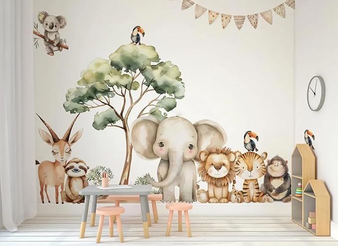 Safari Jungle Wall Stickers – Safari Animals Wall Decals for Nursery – Kids Room Wall Art – Removable Vinyl Stickers for Baby Room Decor – Giraffe Elephant Lion Wall Mural (Set2)