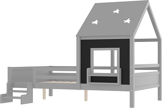 Bellemave Full House Bed with Rails or guardrails and Bookcase, Wooden Full House Shape Platform Bed for Boys, Girls, Teens, Gray