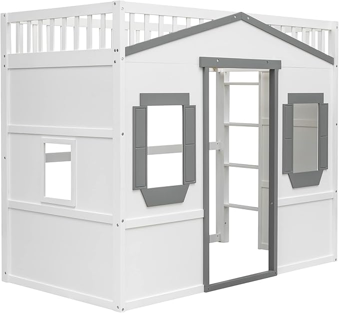 Twin Size Loft Bed with Safety Guardrail for Kids Boys Girls, Playhouse Design Solid Wood Loft Bed Frame with Ladder and Windows, Strong Wood Slats Support, Space-Saving (White+g Twin)