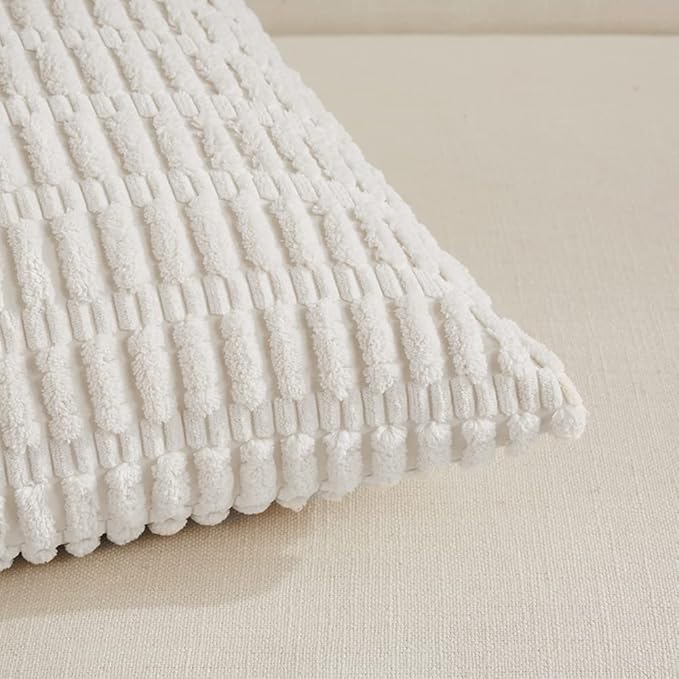 Fancy Homi 2 Packs Pure White Lumbar Decorative Throw Pillow Covers 12x20 Inch for Living Room Couch Bed Sofa, Rustic Farmhouse Boho Home Decor, Soft Striped Corduroy Rectangle Cushion Case 30x50 cm